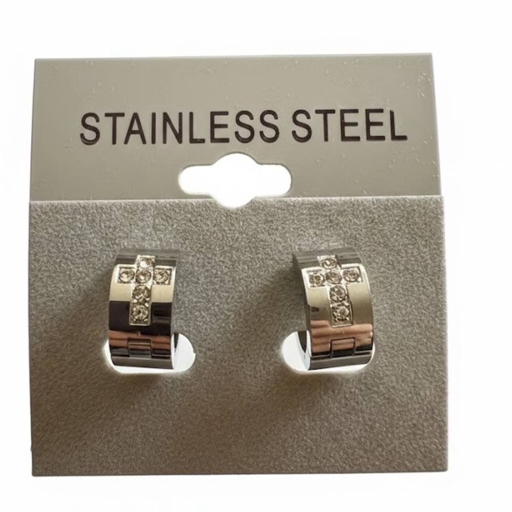 Boutique Stainless Steel Crystal Cross Huggie Earrings